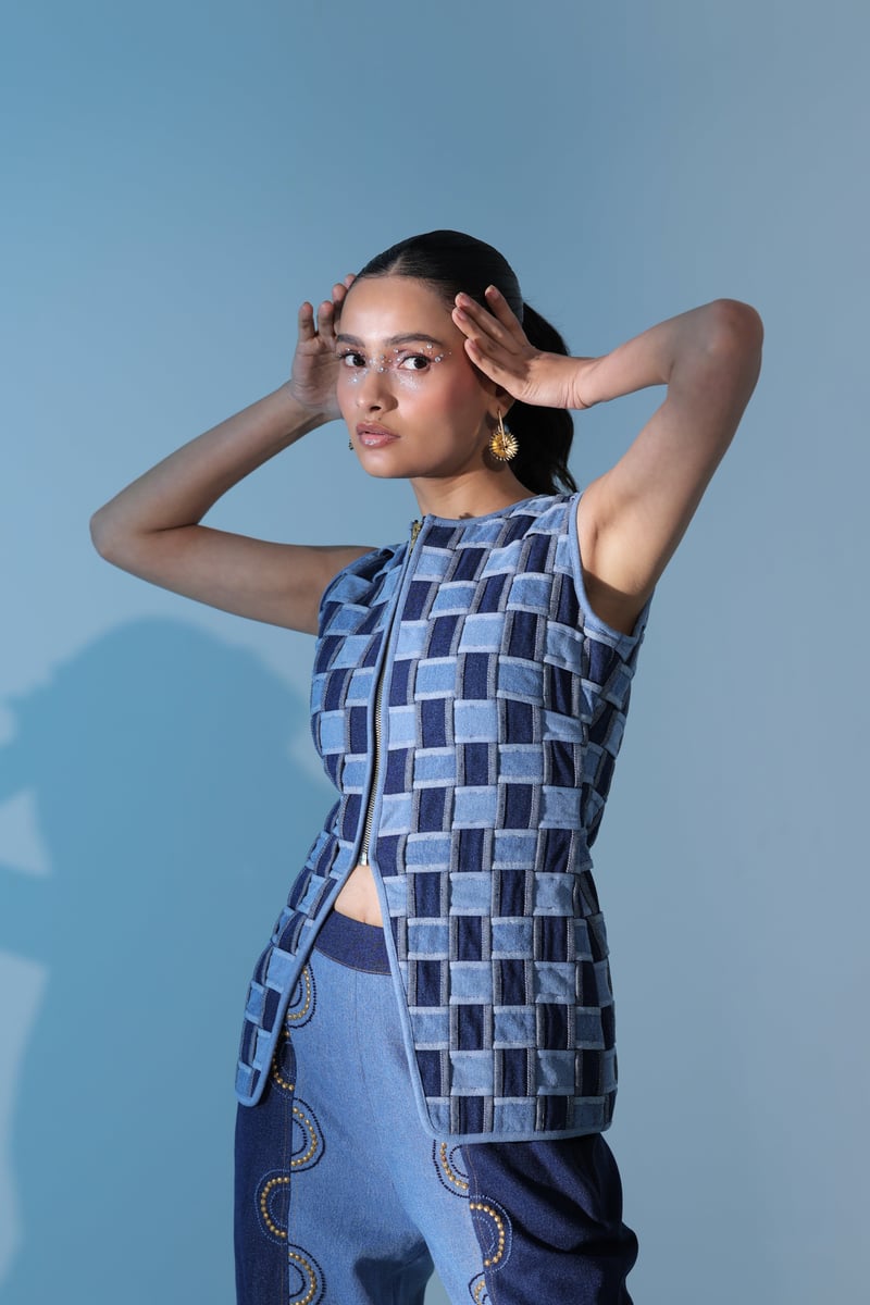 Blue Denim Basket-Weave Jacket and Wide-Leg Co-ord Set