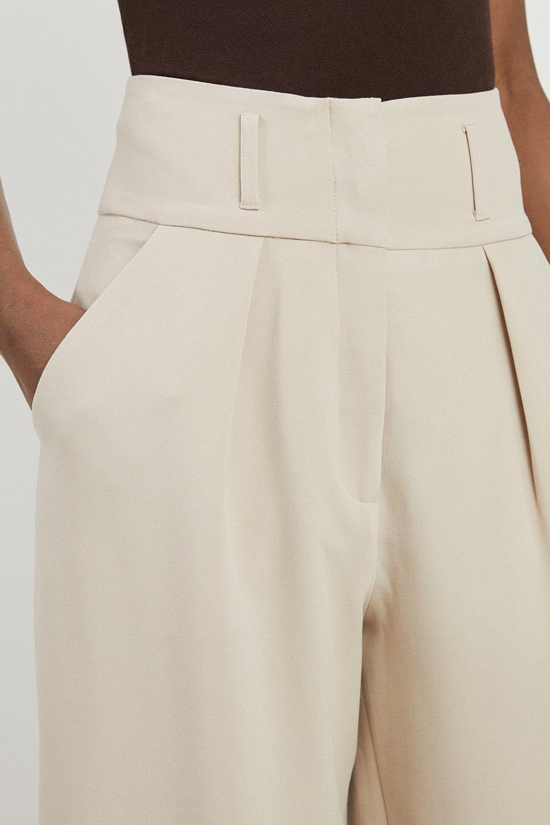 Beige High-Waisted Pleated Wide-Leg Trousers