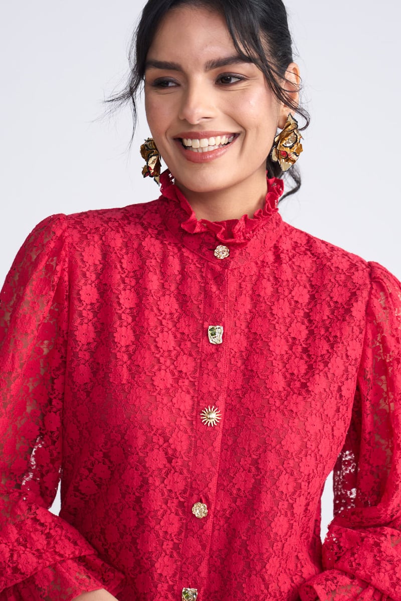 Red Lace Button-Front Co-ord Set with Flared Pants