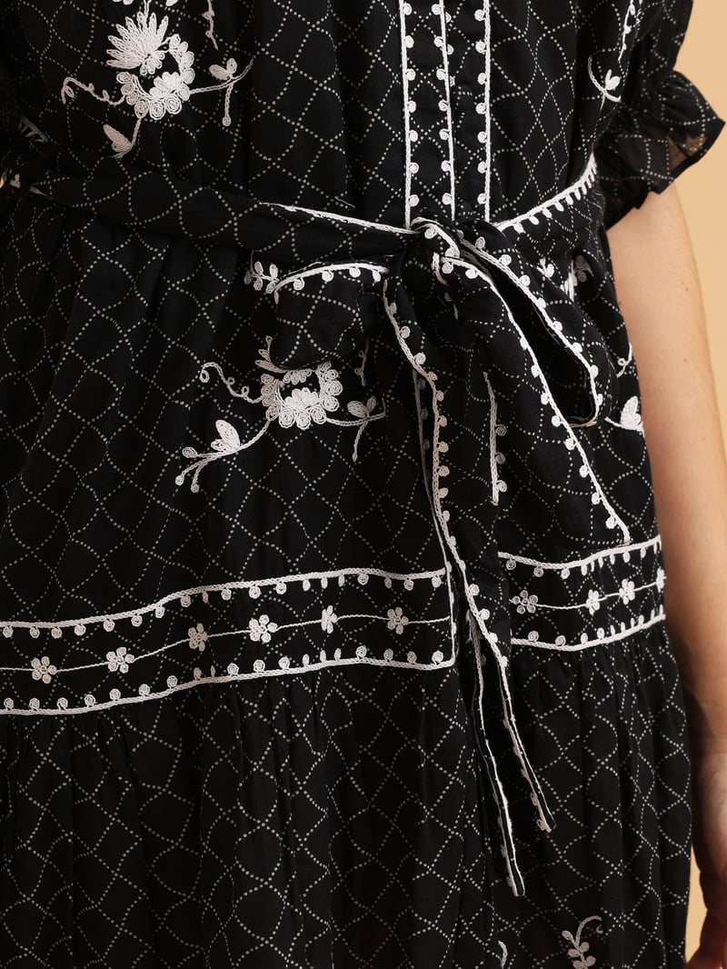 Black Embroidered Tiered Mini Dress with Waist Tie