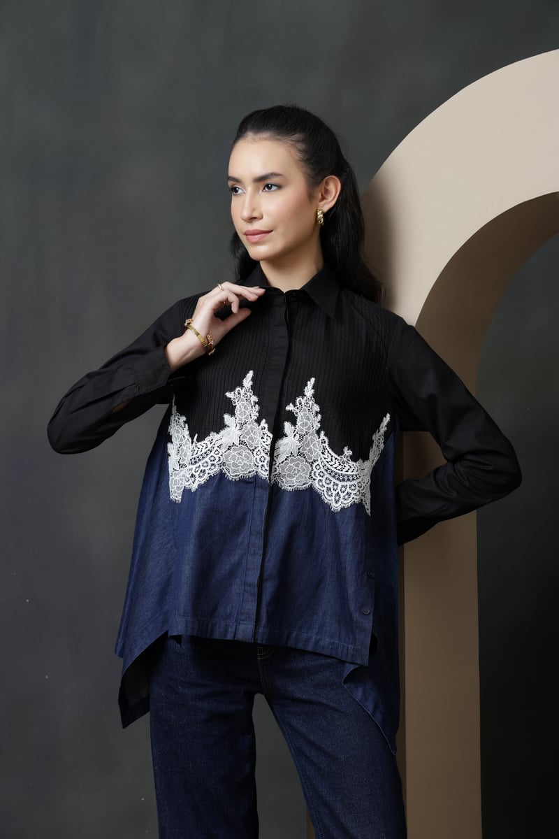 Dark Denim Colorblock Shirt with White Lace Insert