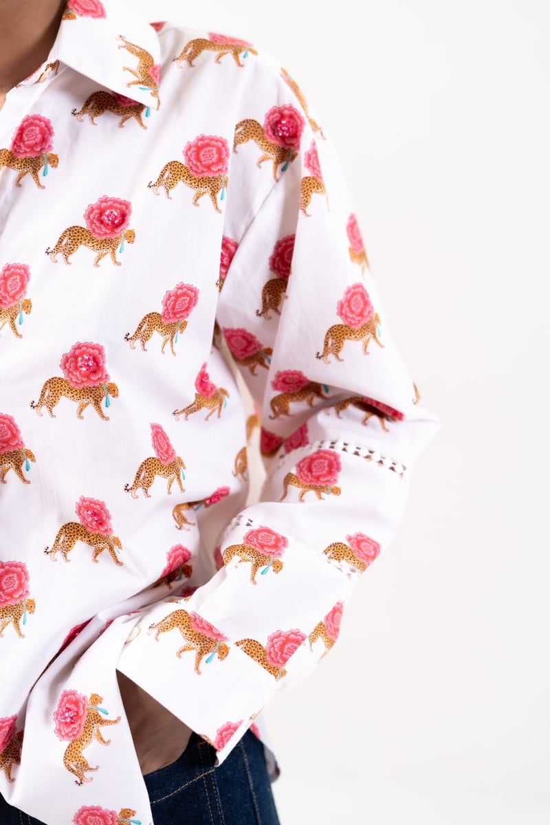 White Oversized Printed Cotton Shirt with Beadwork