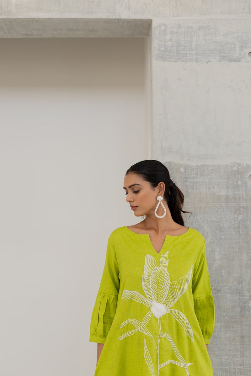 Green A-Line Kurta with White Floral Embroidery