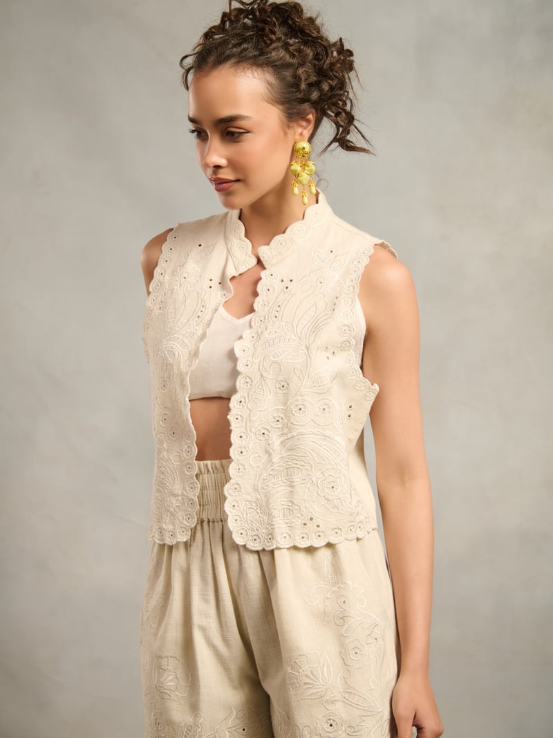 White Cotton Embroidered Cutwork Vest-Style Top