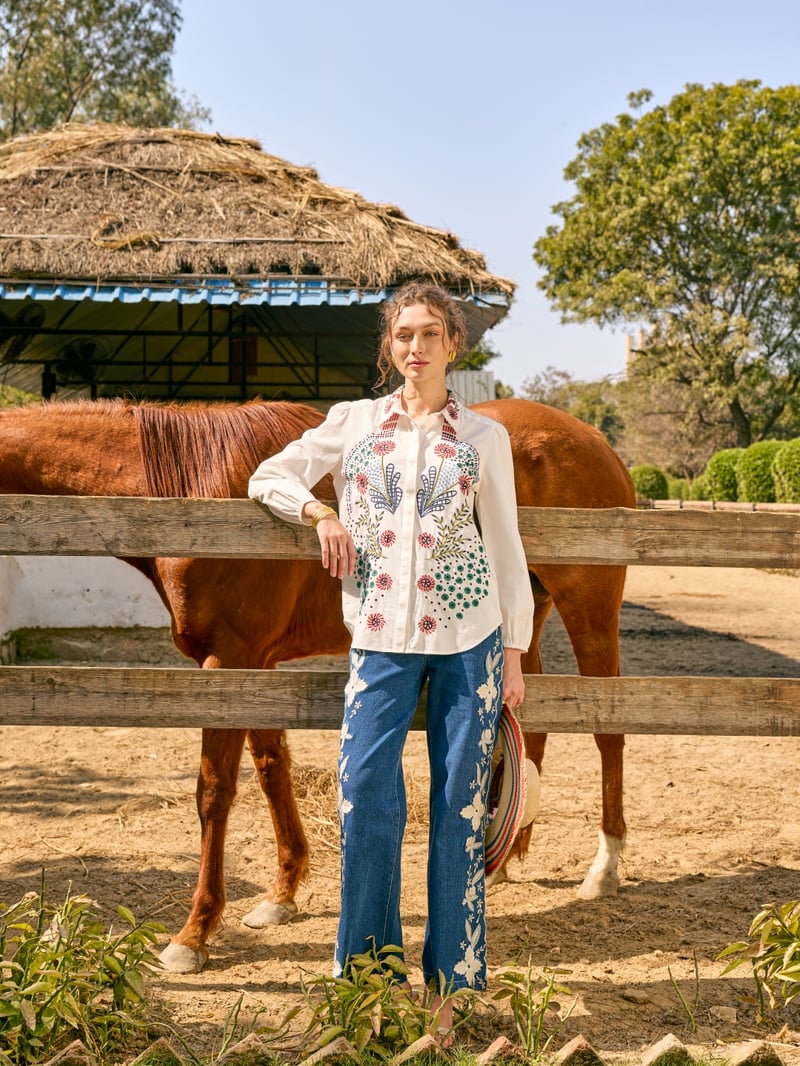 White Embroidered Cotton Button-Down Shirt