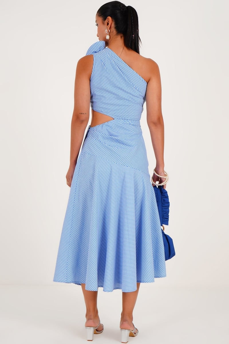 Blue Striped One-Shoulder Cut-Out Midi Dress