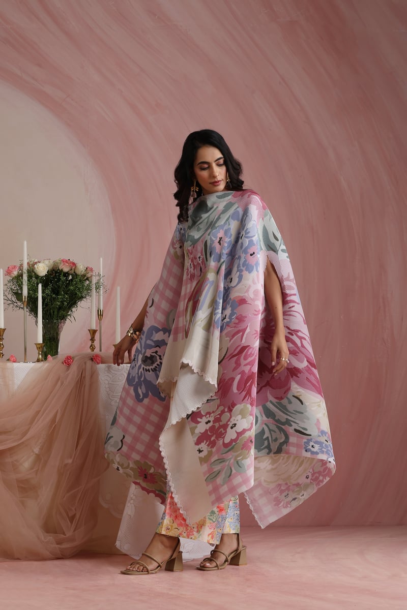 Rose Quartz Satin Floral Check Printed Pleated Cape
