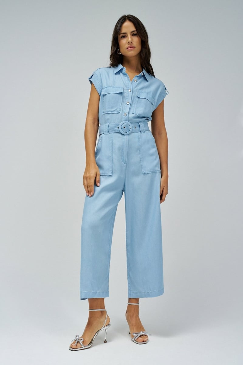 Light Blue Belted Lightdenim Utility Jumpsuit