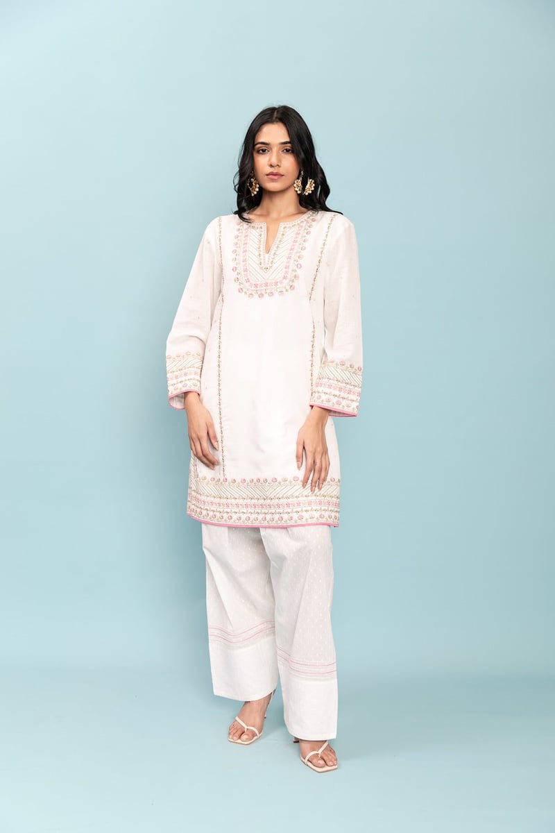 Ivory Cotton Flex Embroidered Kurta Set with Pink Dupatta