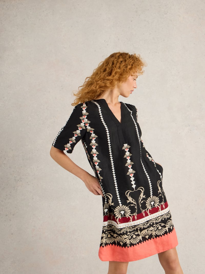 Black Printed Linen Shift Mini Dress