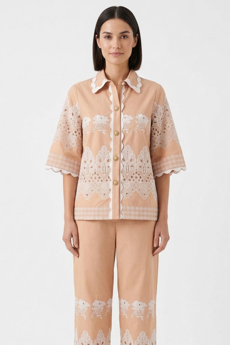 Beige Cotton Eyelet Embroidered Shirt and Pant Co-ord Set