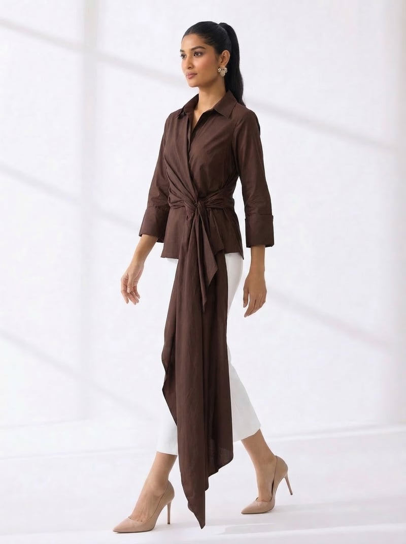 Brown Cotton Poplin Draped Wrap Shirt