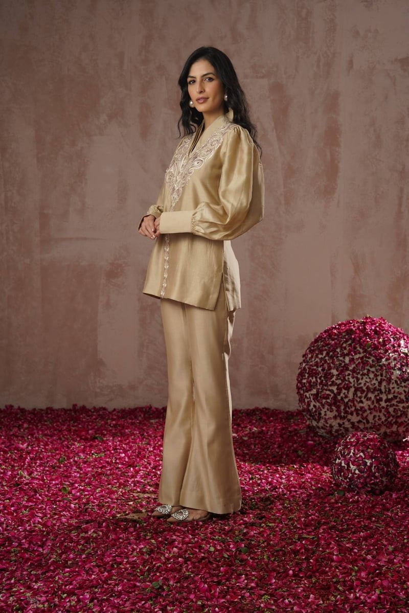 Beige Chanderi Silk Embroidered Co-ord Set