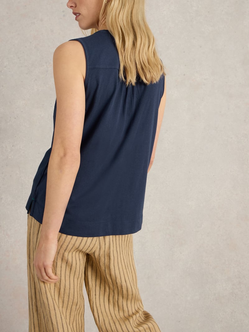 Dark Navy Sleeveless V-Neck Button-Front Top