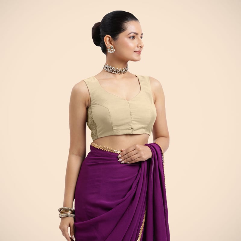 Cream Sleeveless Curved V-Neck Front-Open Saree Blouse