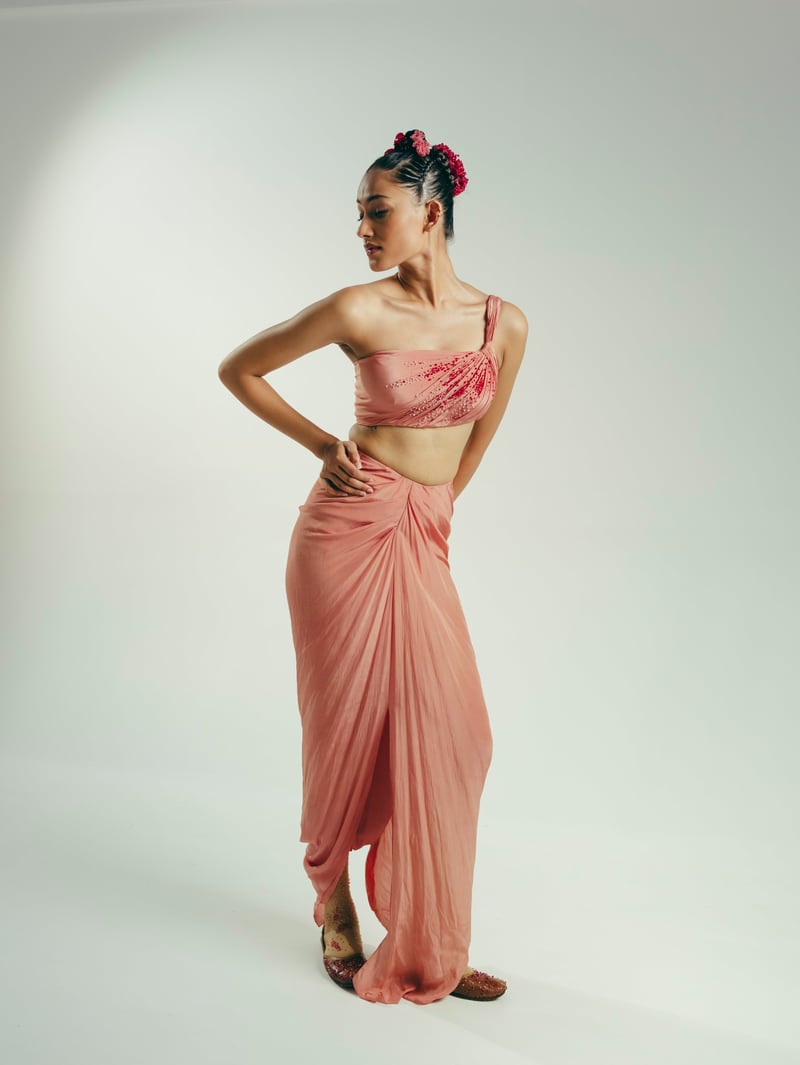 Pink One-Shoulder Bustier and Draped Dhoti Skirt Set