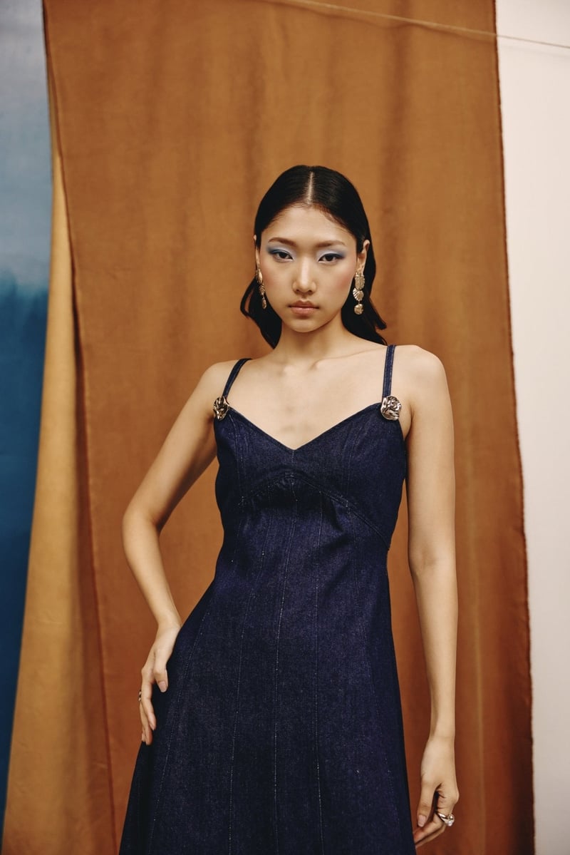 Deep Indigo Denim Corset Fit and Flare Midi Dress