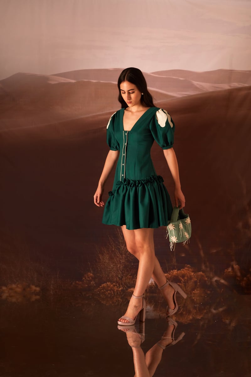 Green Fit and Flare Mini Dress with Puff Sleeves