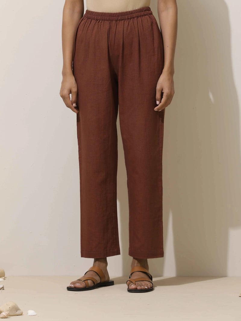 Brown Cotton Linen Straight Kurta Pant Set
