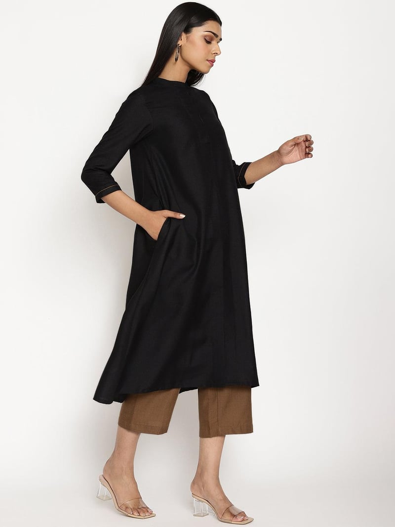 Black Cotton Linen Flared Kurta Pant Set