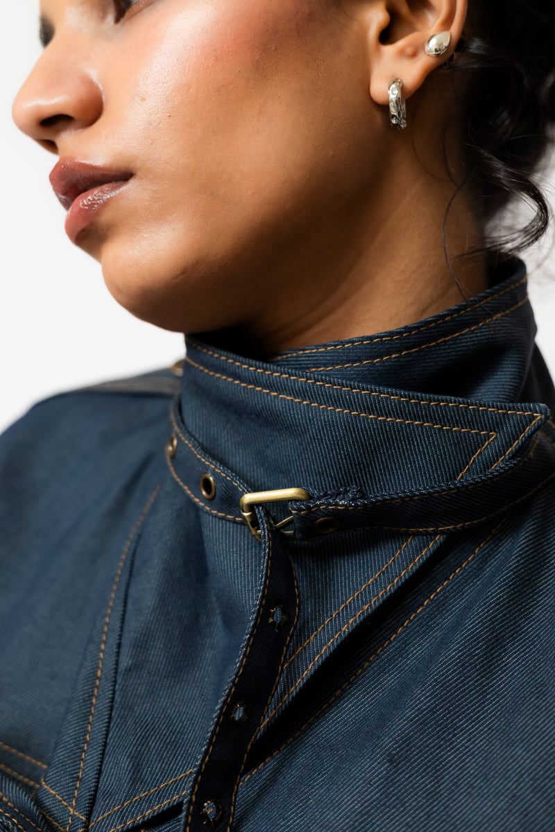 Dual-Tone Denim Utility Jacket with Lace-Up Front