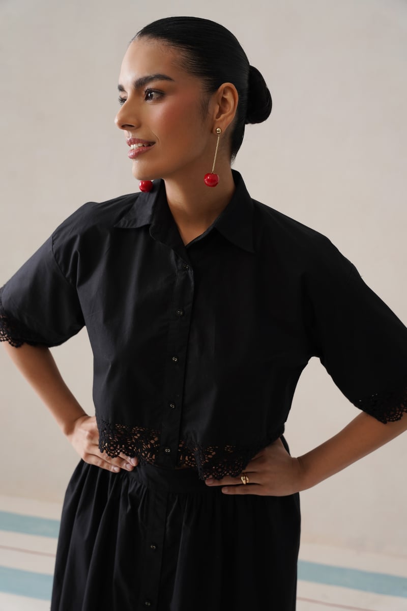 Black Cotton Co-ord Set with Cropped Shirt and Midi Skirt