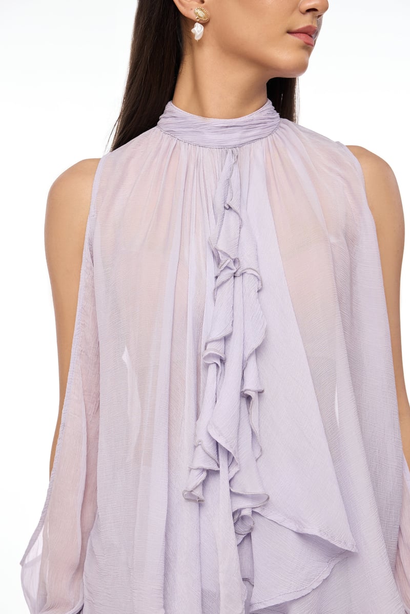 Lavender High Neck Ruffle Top with Open Bell Sleeves