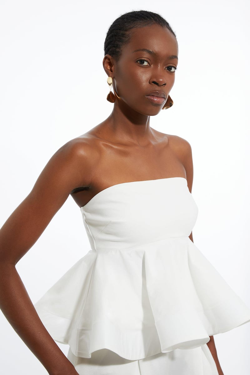 White Bandeau Peplum Top with Ruffle Hem