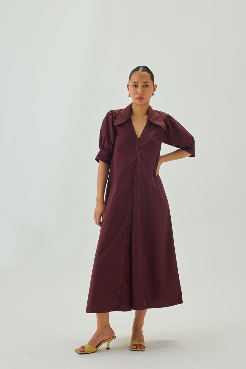 Maroon Poplin A-Line Midi Dress with Puff Sleeves