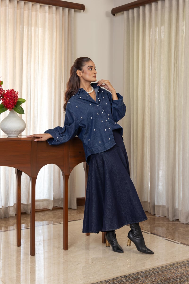 Dark Blue Denim Boxy Shirt with Pearl Accents