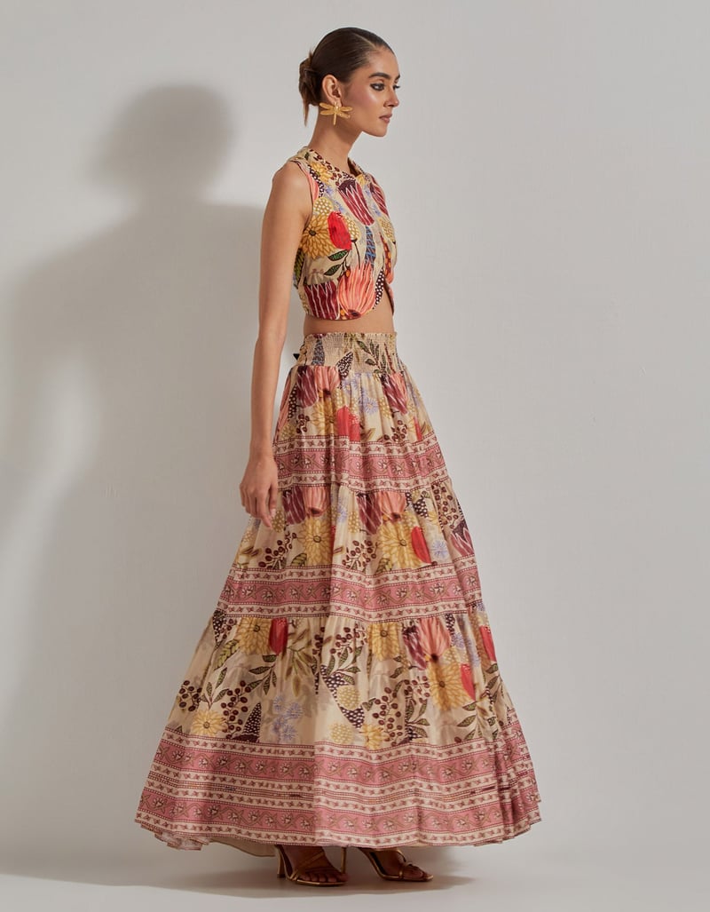 Beige Printed Waistcoat and Tiered Maxi Skirt Co-ord Set