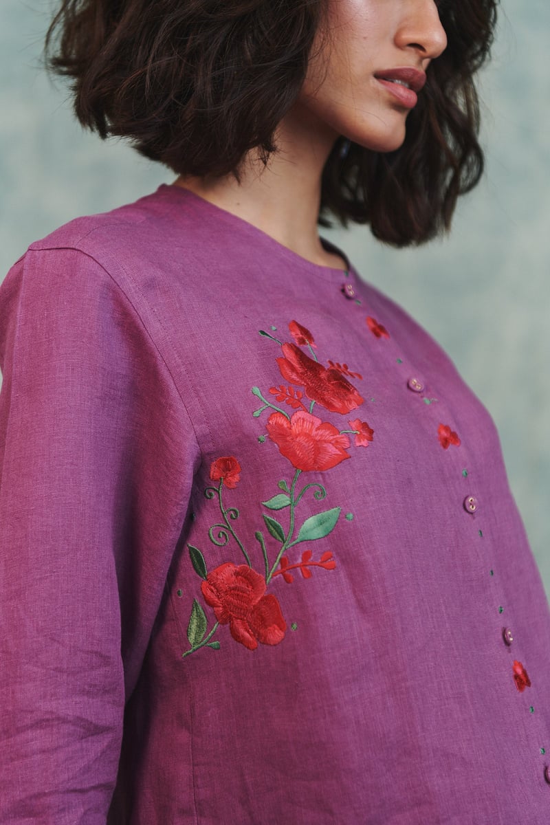 Berry Linen Embroidered Round Hem Shirt