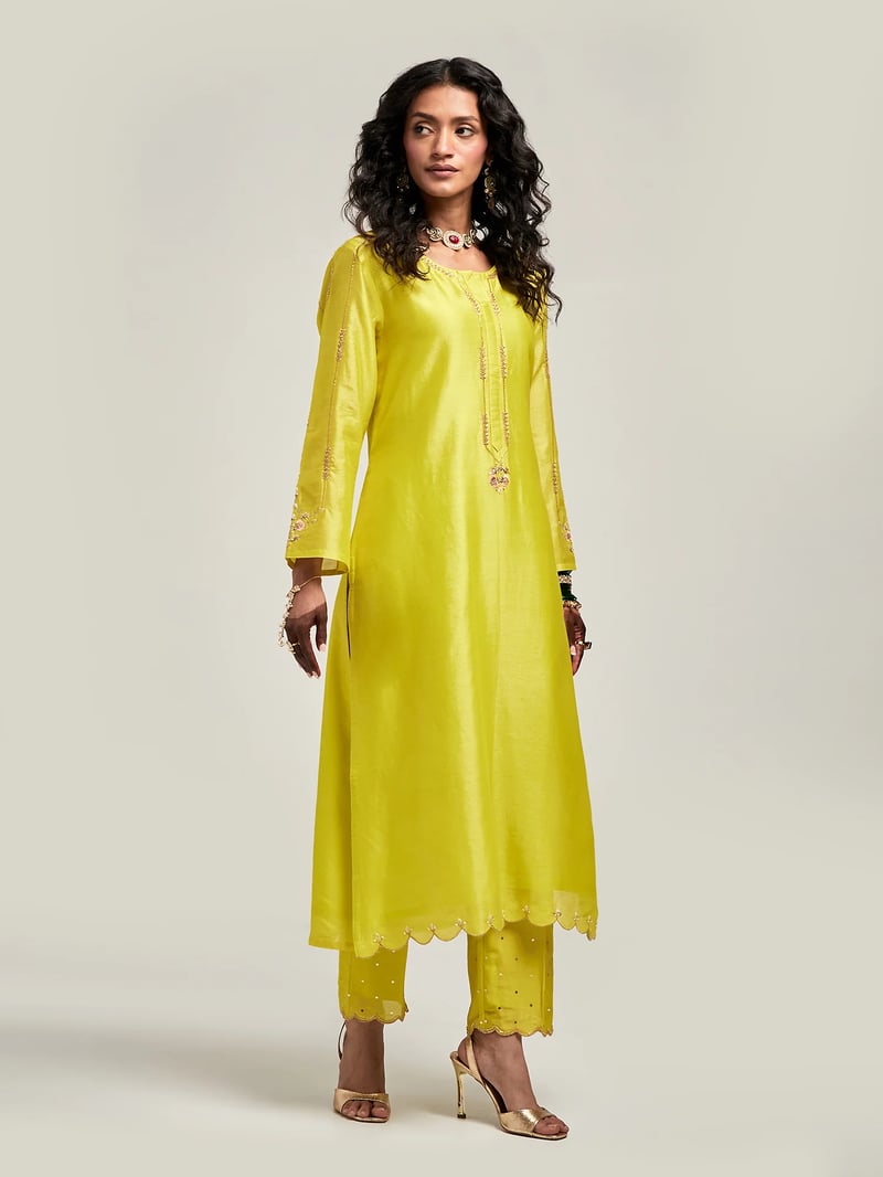 Lime Silk Chanderi Embroidered Straight Kurta