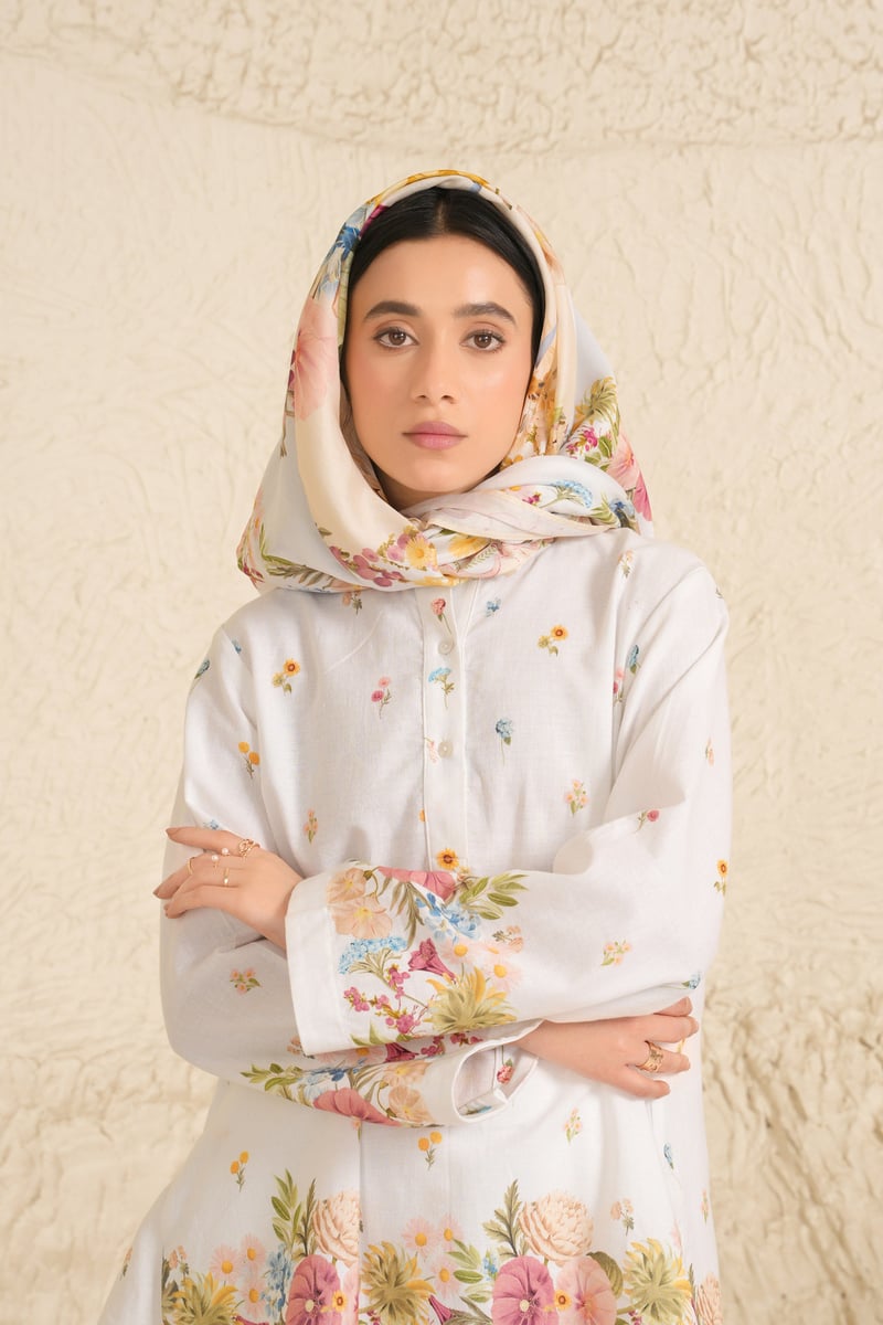 White Cotton Linen Floral Kurta and Trouser Set