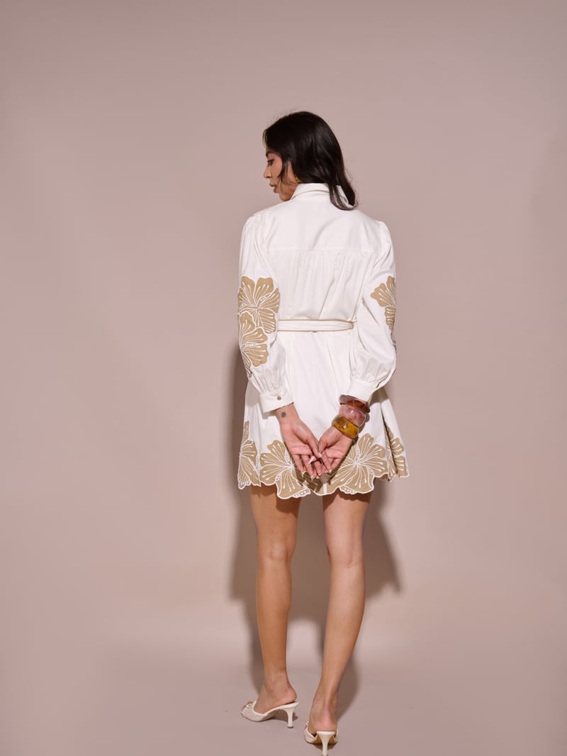 White Belted Floral Motif Mini Shirt Dress