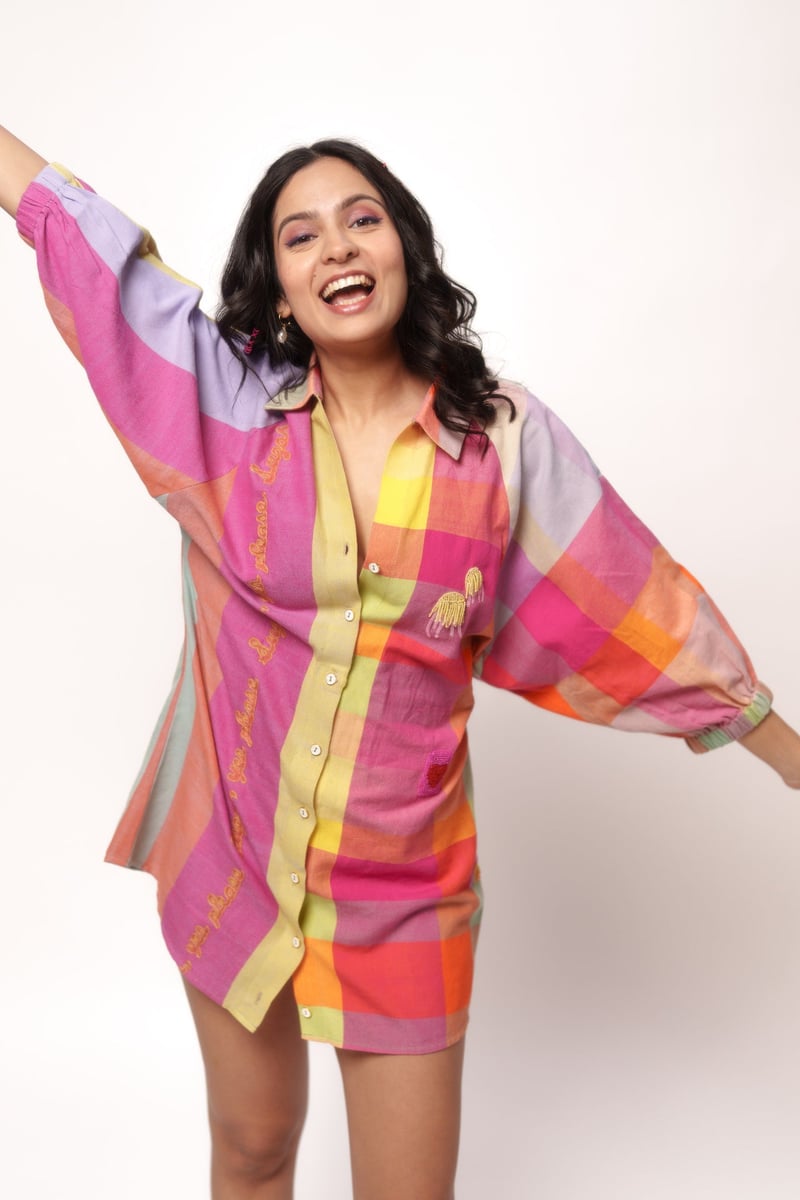 Multicolor Checked Mini Shirt Dress with Belt