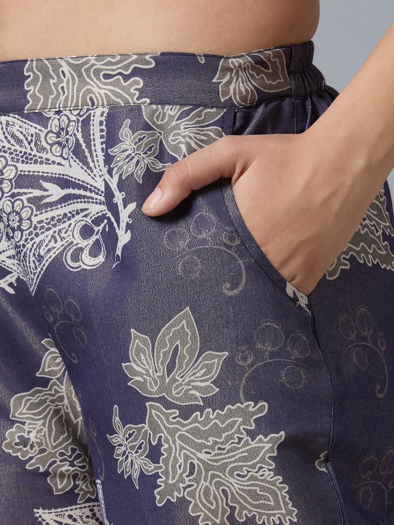 Navy Metallic Floral Printed Straight-Leg Trousers