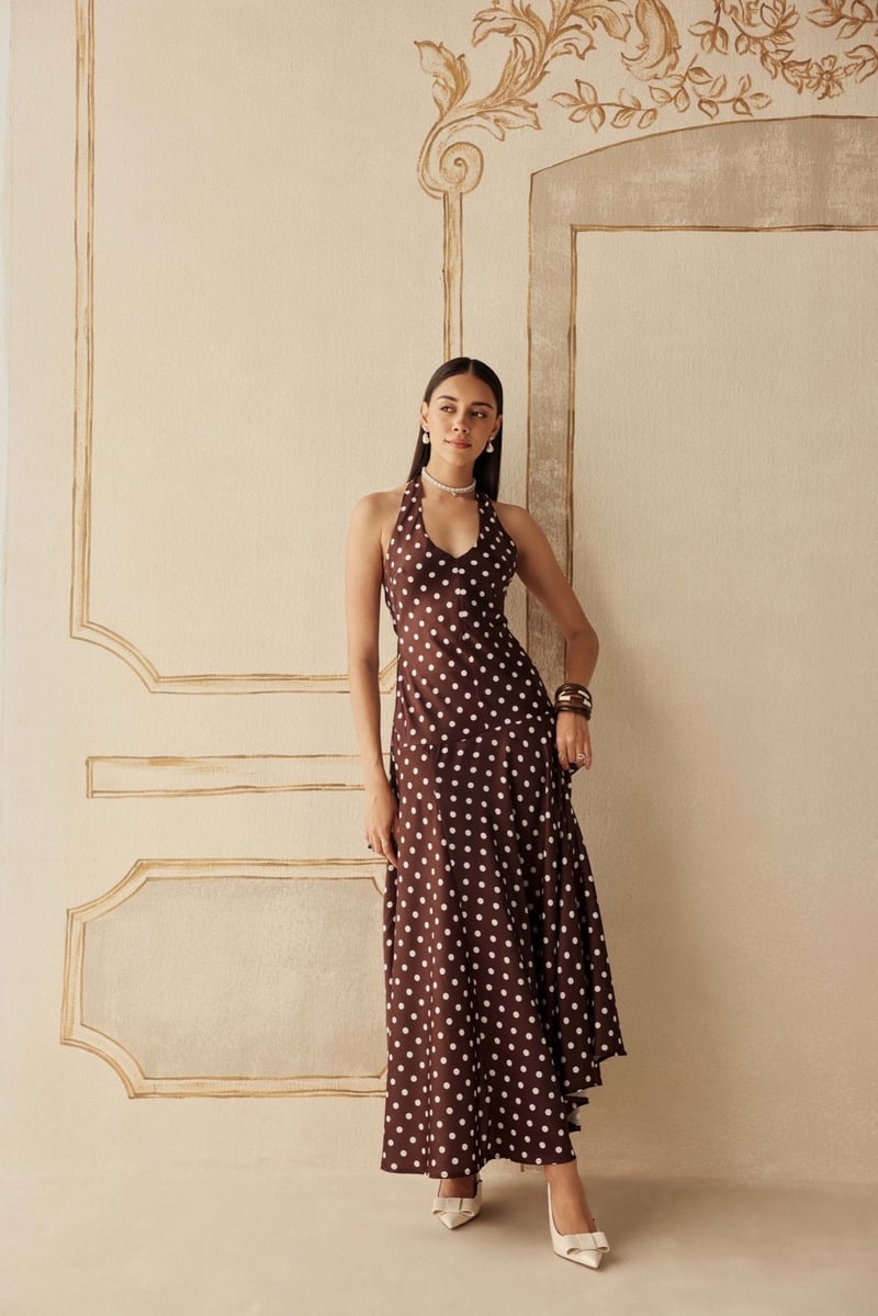 Brown Polka Dot Halter Maxi Dress