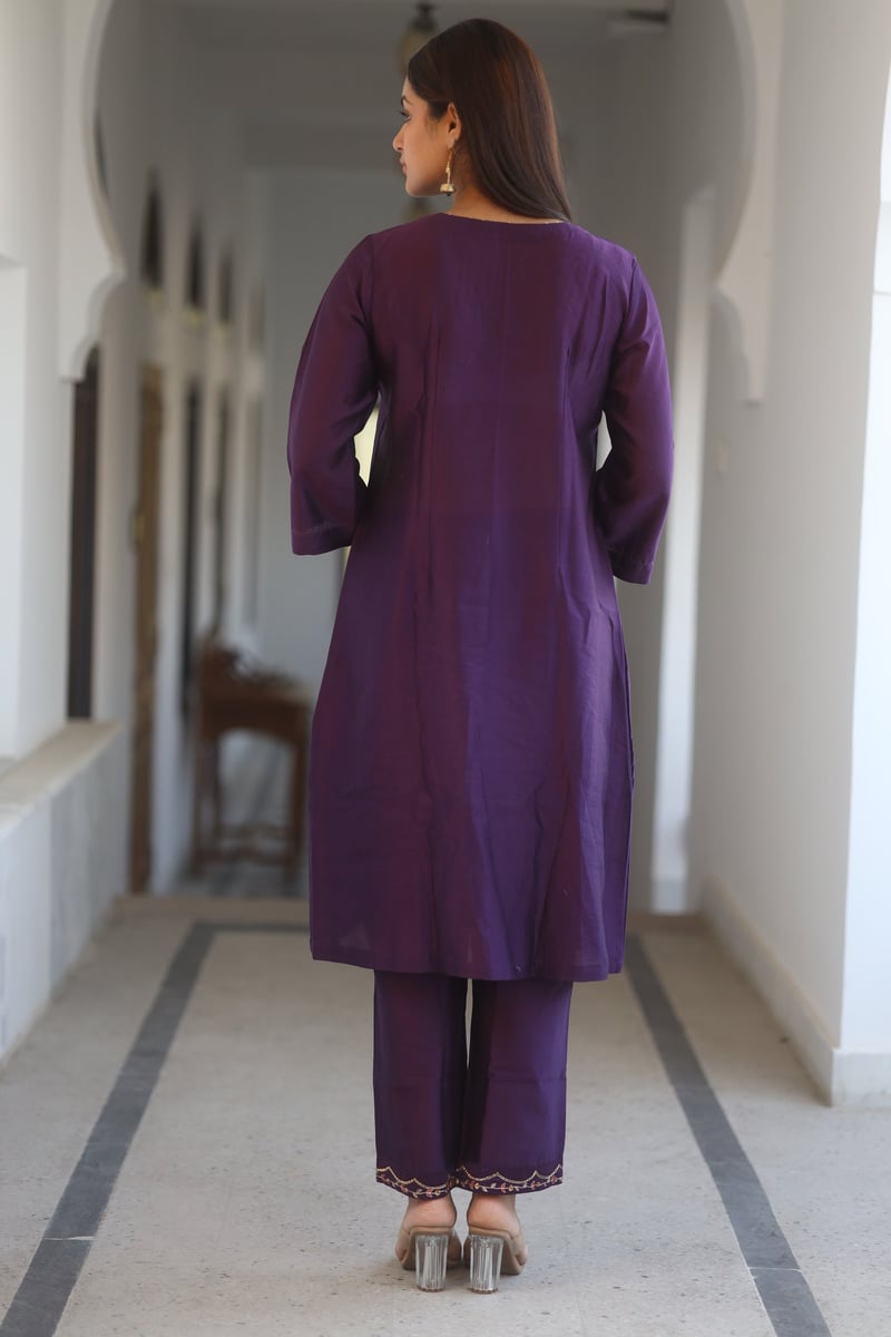 Purple Embroidered Chanderi Straight Kurta Set with Dupatta