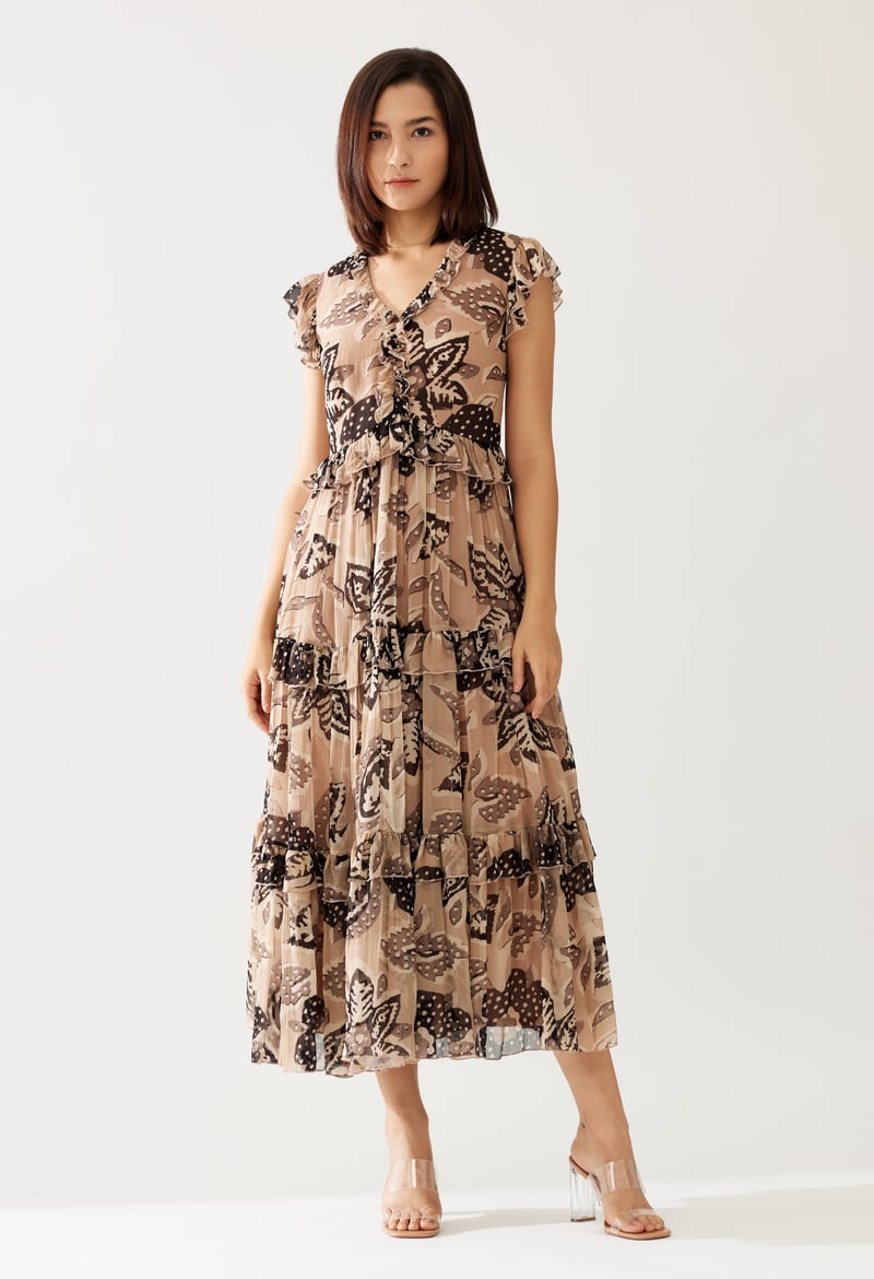 Cream And Dark Brown Floral Midi Dress