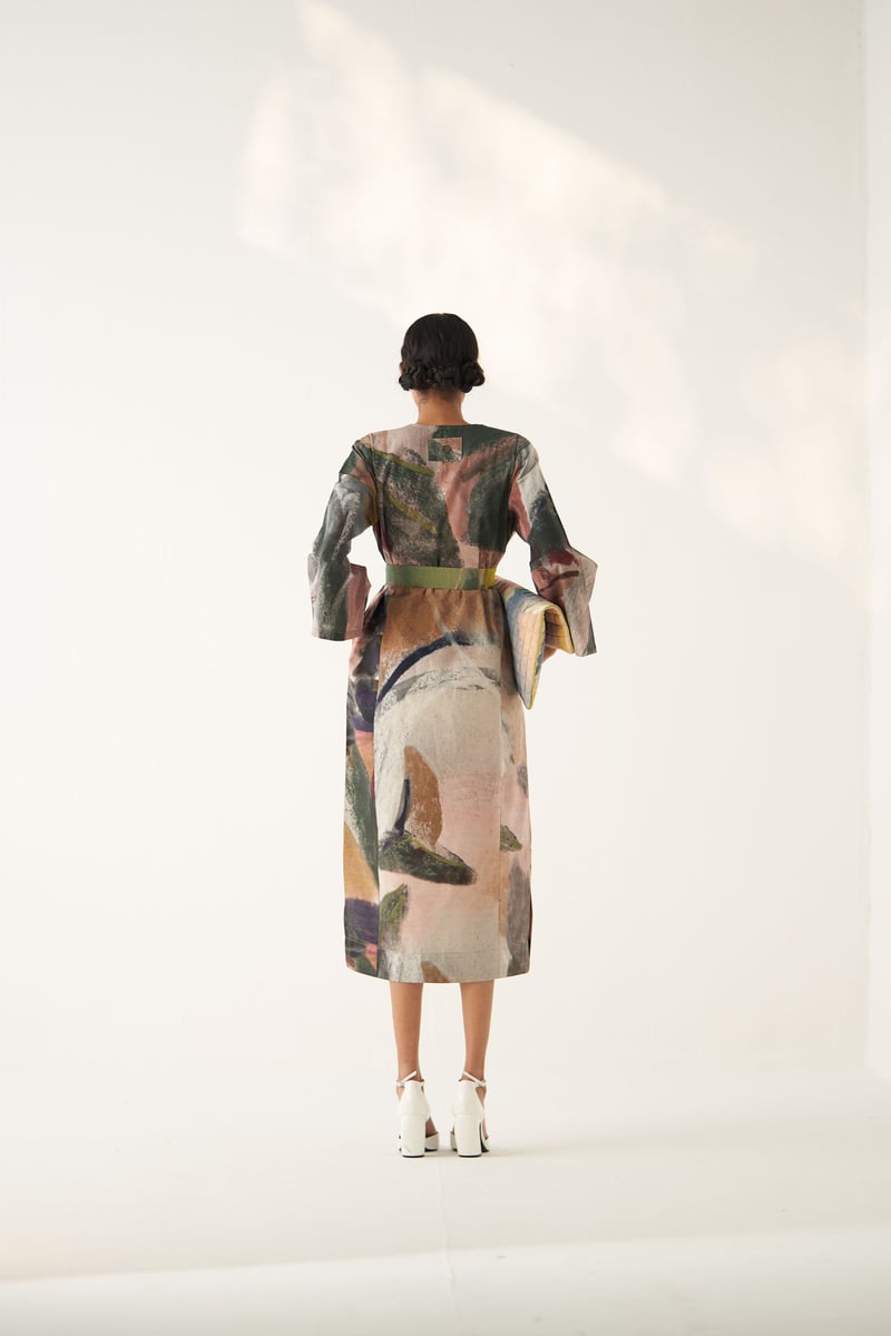 Multicolor Abstract Print Cotton Poplin Midi Dress