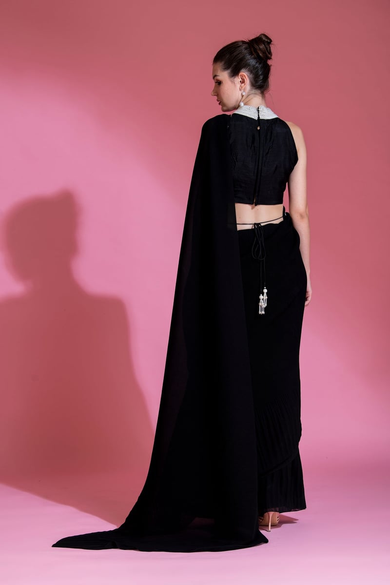 Midnight Black Pre-Draped Pleated Georgette Saree Set