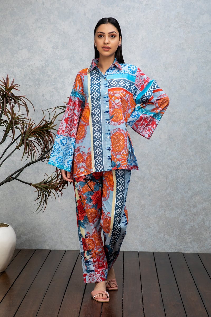 Orange Blue Printed Cotton Shirt and Trouser Co-ord Set — Rhe-Ana