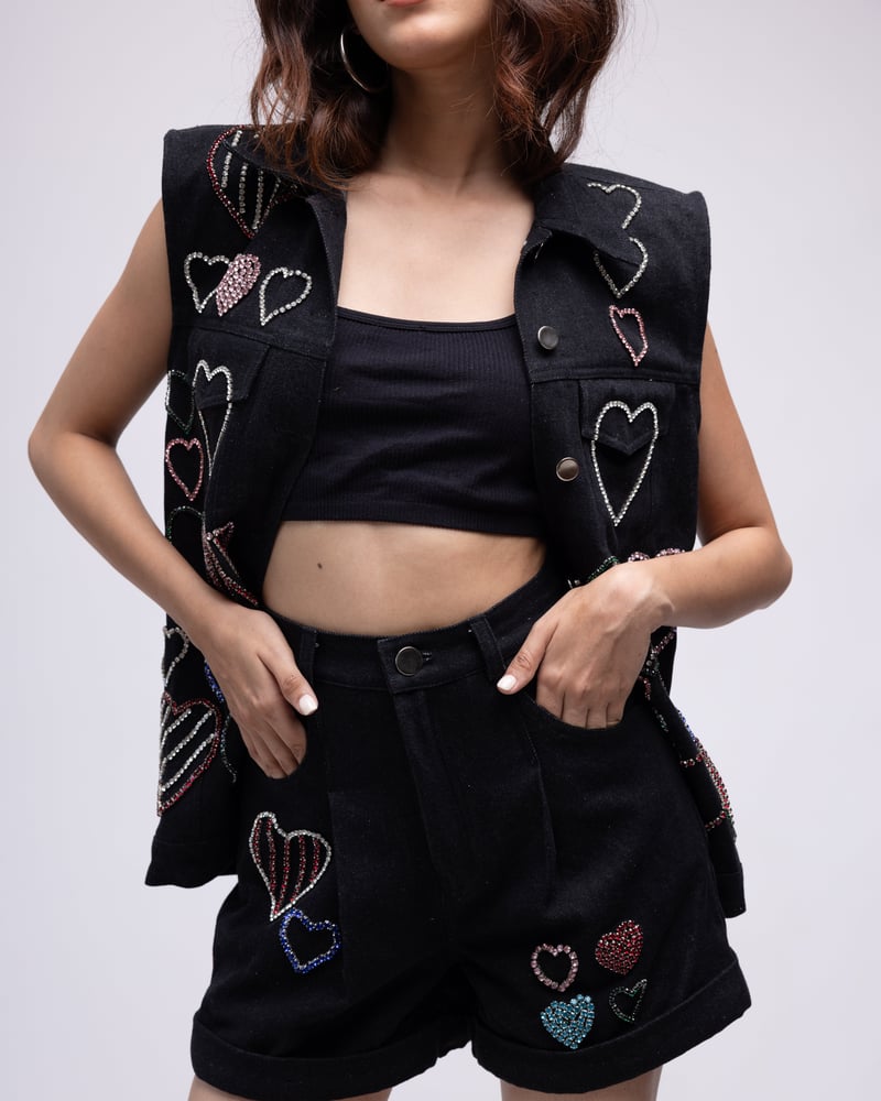 Black Oversized Sleeveless Denim Waistcoat with Embellished Hearts