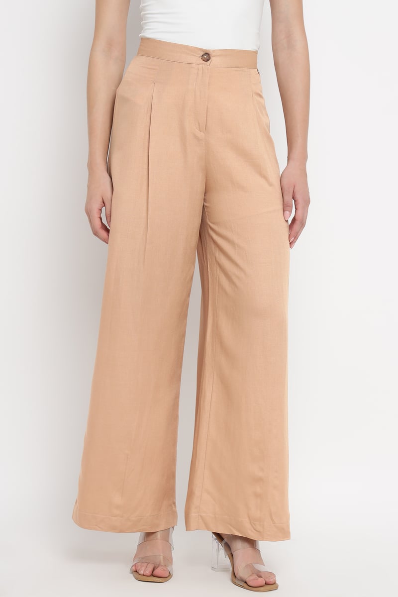 Beige High-Waist Wide-Leg Pleated Trousers — Diana Gallesi