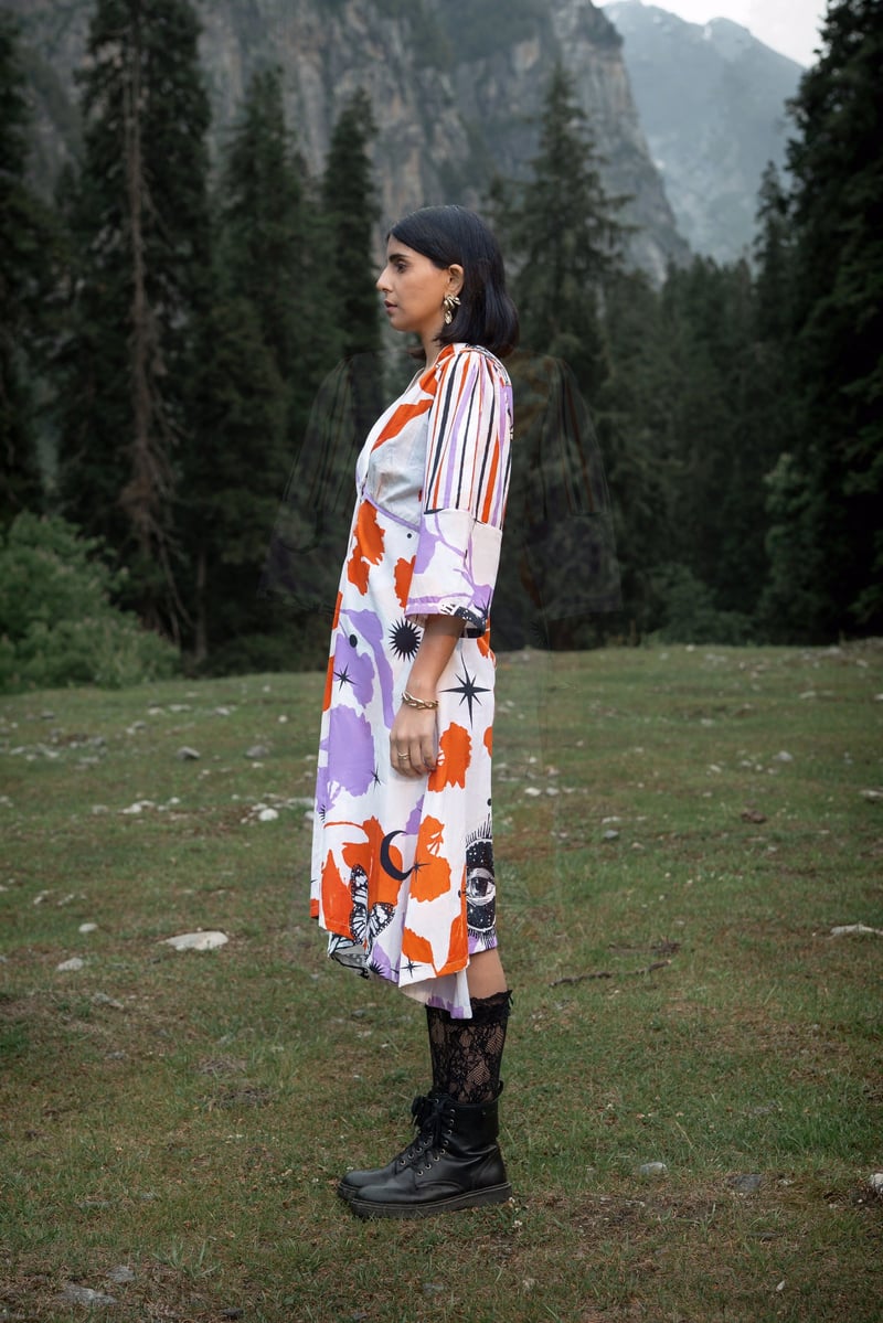 White Orange Printed Recycled Cotton Midi Dress