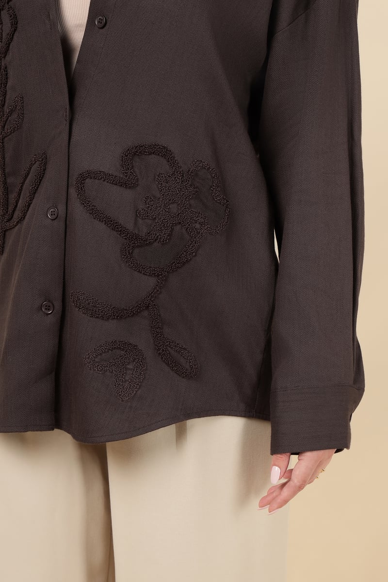 Kahve Brown Tonal Floral Embroidered Button-Down Shirt