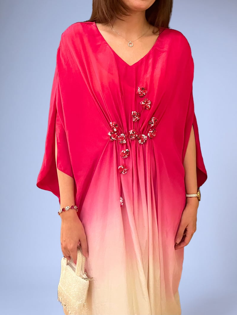 Fuschia Ombre Kaftan Maxi Dress with 3D Floral Embroidery