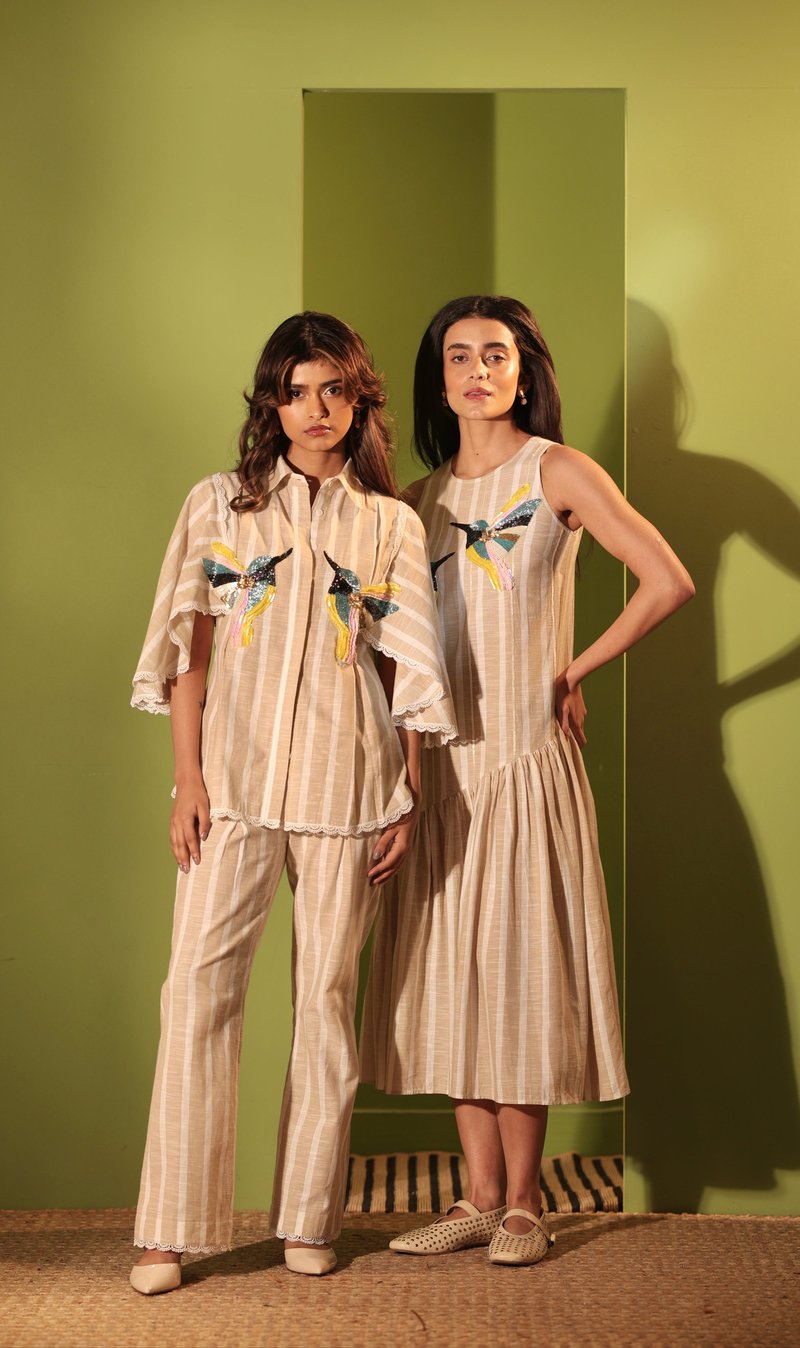 Beige Striped Cotton Midi Dress with Hummingbird Embellishment