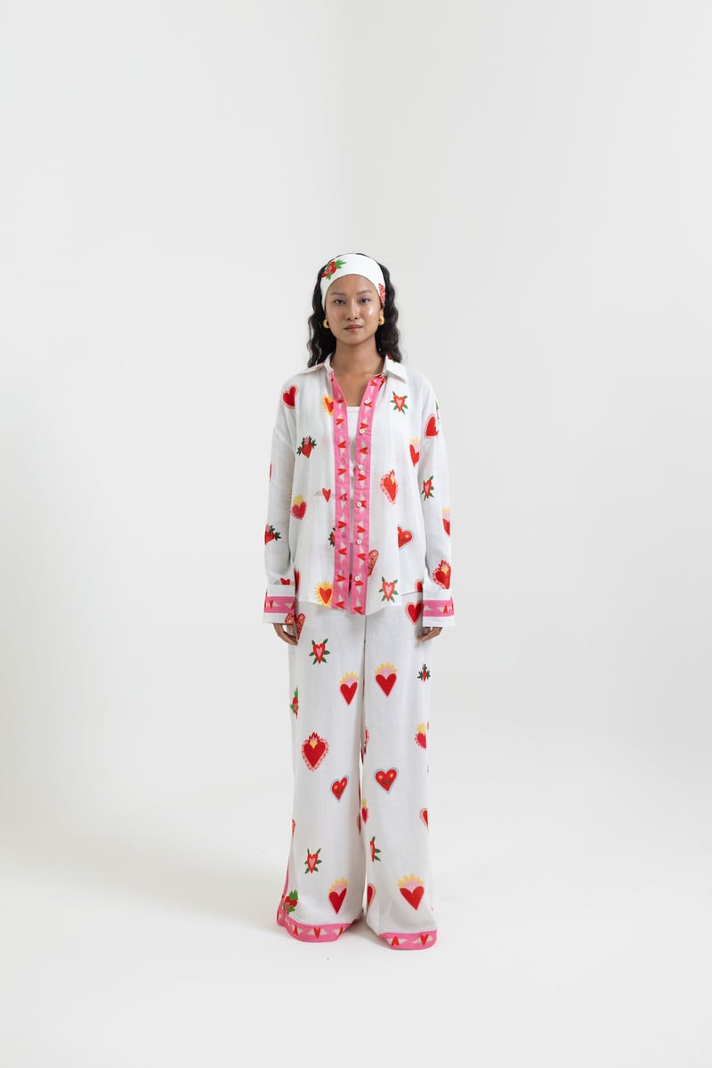 White Heart Print Straight-Leg Trousers with Contrast Hem